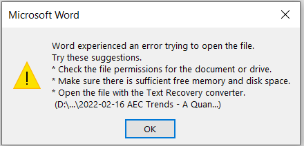 Word Experienced an error trying to open the file