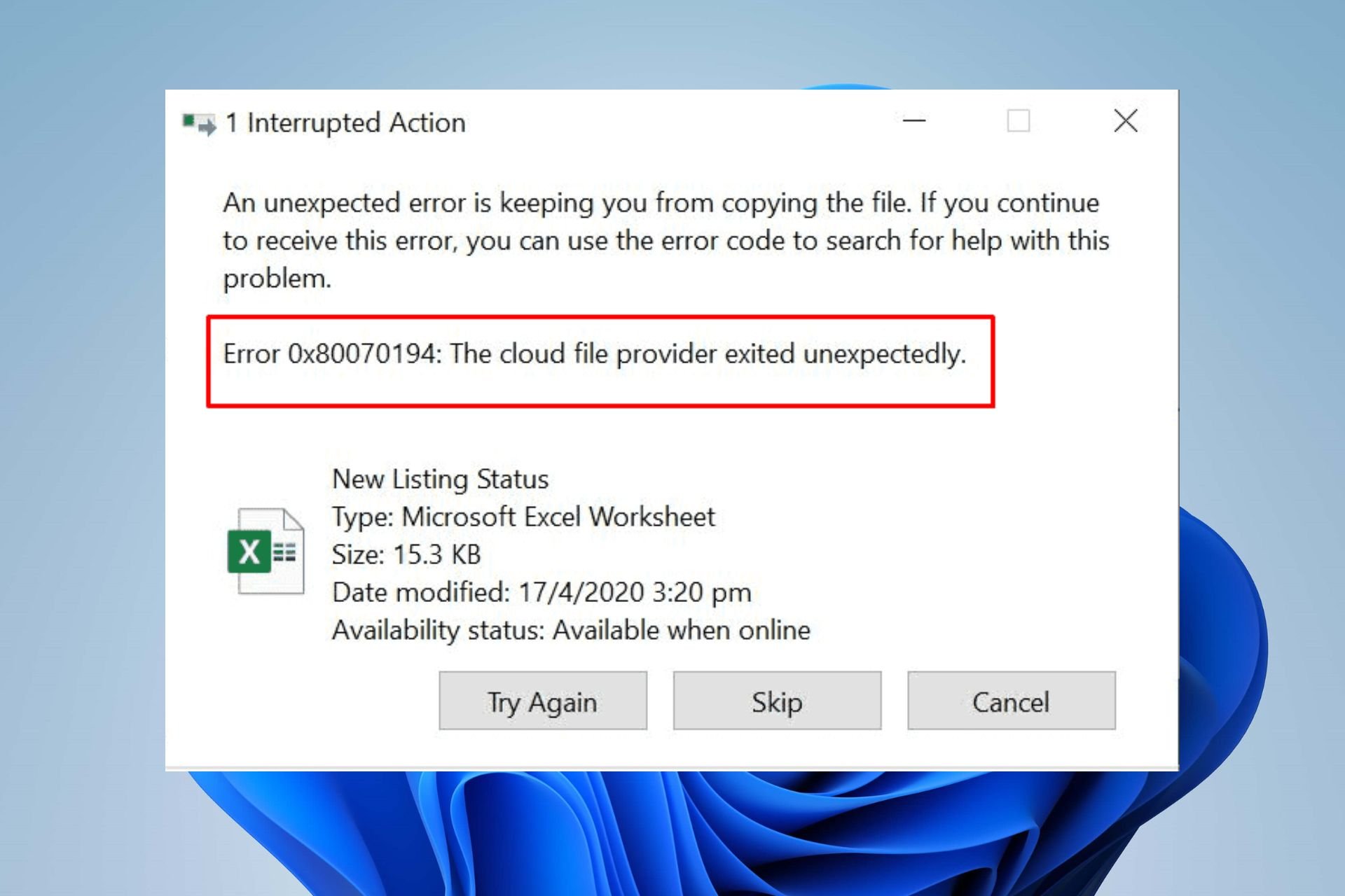 Microsoft Onedrive Error Code 0x80070194
